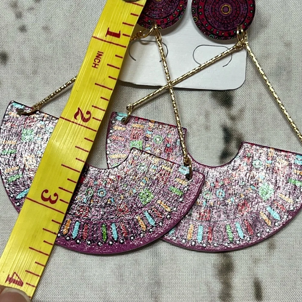 Wooden artisan made Colorful Geometric‎ Earrings purple tones festival